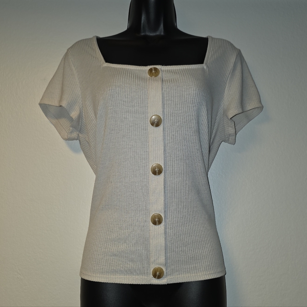 Candie's Cream Short Sleeve Top with Button Detail
